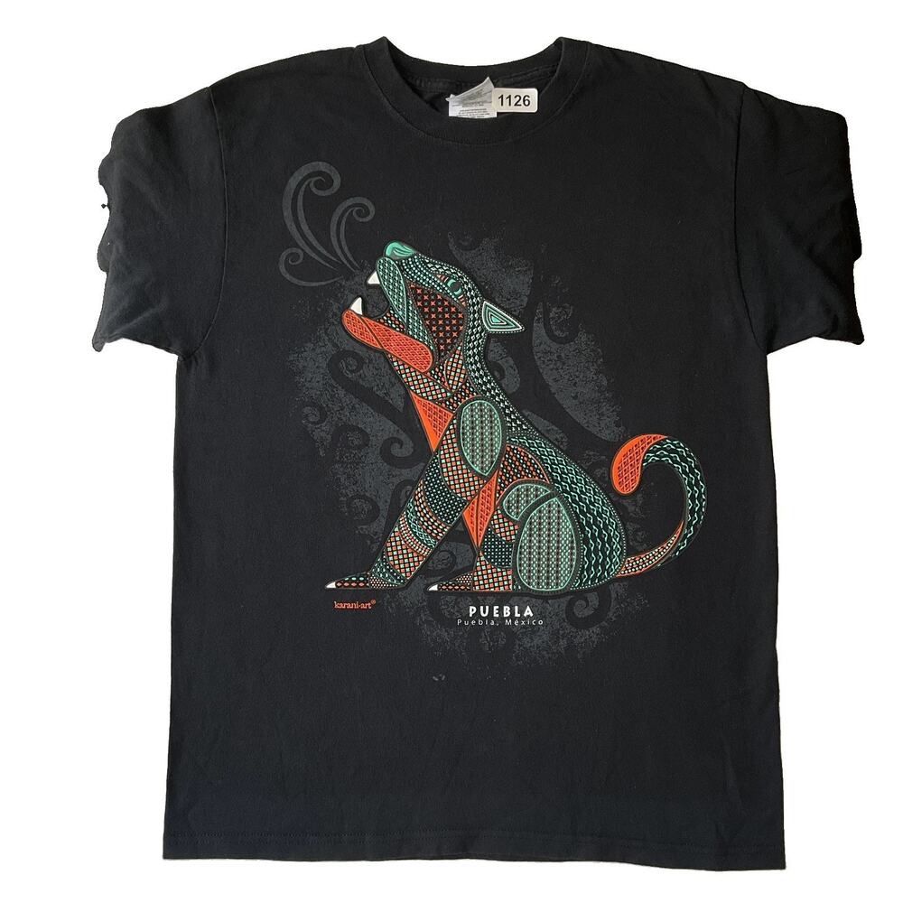 Karani.art Men Shirt MEDIUM Black Graphic Print Jaguar Puebla Short Sleeve